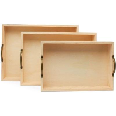 China Household Simple Pine Rectangular Storage Tray Hotel Wooden Tray With Metal Handle for sale