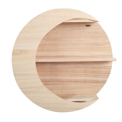 China Simple Minimalist Round Wooden Wall Mounted Moon Shaped Frame Art Hanging Flower Pot Storage Shelf for sale