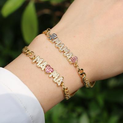 China Dropshipping FASHIONABLE Fine Jewelry Brass Bracelets, Fashion Letter Mothers Day Cuban Zircon Copper Bangle Female Inlaid Wholesale for sale