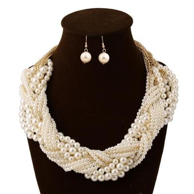 China TRENDY Fashion Multilayer Beads And Woven Faux Pearl Necklace Earrings Jewelry Sets for sale