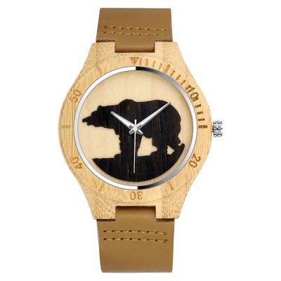 China Unique fashion stainless steel strap leather watch men's watch fashion quartz watch black bear wood grain men's dial fashion watch for sale