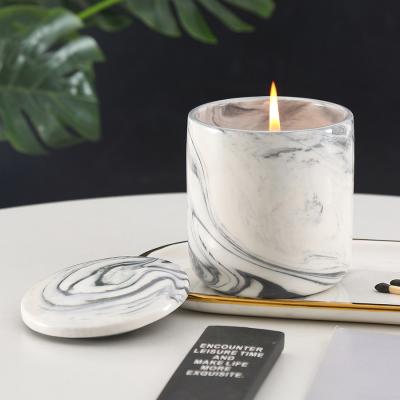 China Modern Home Wholesale Empty Luxury Custom Candle Jars Decoration Gray Marble Ceramic Candle Jar With Lid for sale