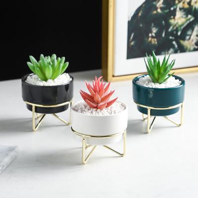 China Hot Sale Luxury Ceramic Flower Pot Home Hotel Decoration Bonsai Plants Modern Hot Potted Mini Pot Plants With Iron Stand for sale