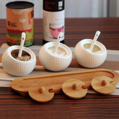 China Viable Spice Jar Container Salt Container Kitchenware 3pcs Ceramic Spice Jars Set With Lid And Bamboo Spoon for sale