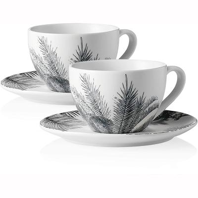 China Stored creative delicated gray ceramic cup and saucer tropical rainforest style matte cappuccino coffee tea cup and saucer for sale