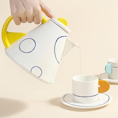 China Stocked Unique Design Customized Nordic Hand Painted Ceramic Coffee Cup Porcelain Coffee Tea Set With Teapot for sale