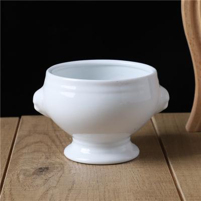 China Hot Sale Customized Home Hotel Stocked Used Porcelain White Ceramic Serving Bowl Soup Bowl With Handle for sale