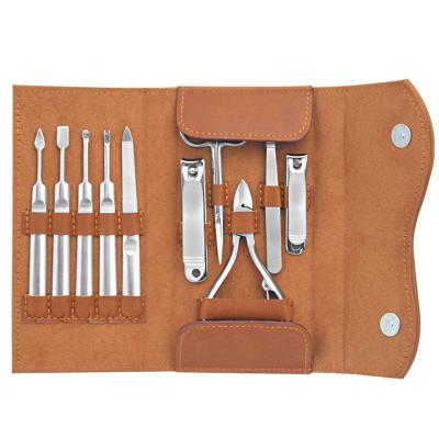 China Fast Delivery Stylish Leather Pouch Packaging 10pcs Stainless Steel Personal Pedicure Care Tool Kit 26x17.5cm for sale