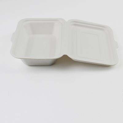 China Modern Disposable Hinged Bagasse Pulp Lunch Sugar Cane Bagasse Food Container Hinged Clamshell for sale