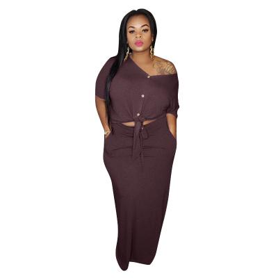 China Wholesale Anti-Pilling Women's Plus Size 2 Piece Clothing Button Down Crops And Long Skirt Set for sale