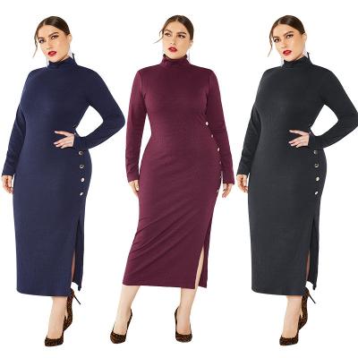 China Wholesale Breathable Women Plus Size Turtle Neck Side Collar Button Bodycon Long Sleeve Autumn Winter Dresses Long for sale