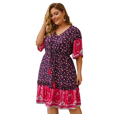 China Wholesale Women's Plus Size Breathable Button Down Short Sleeve Tassel Printed Floral Short Dress for sale