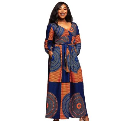 China Customized Women's South Afriacn Print V-Neckline Breathable Pleated Long Sleeve Maxi Dress With Side Pocket and Waist Belt for sale