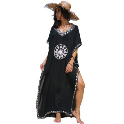 China Wholesale Breathable Women's Causal Loose V Neck Embroider Abaya Kaftan Long Beach Bilateral Split Dress for sale