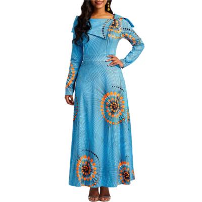 China OEM & ODM Breathable Women's Custom Casual Long Sleeve Printed Big Flower Slant Collar Slim Maxi Dress for sale