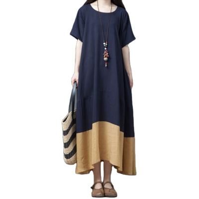 China Wholesale Women's Casual Loose Color Block Patch Cotton Canvas Breathable A Line Long Simple Asymmetrical Dress for sale