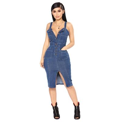 China OEM Dongfan Breathable Garment Factory Breathable Pocket Slit Pinafore School Midi Denim Dress for sale