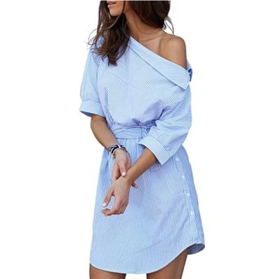 China Guangzhou Dongfan Anti-Static Garment Factory Anti-Static Custom One Wryshoulder Striped Belted Casual Mini Shirt Dress for sale