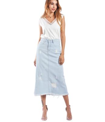 China Dongfan High Waist Midi Denim Anti-Static Garment Anti-Static Denim Factory Custom Womens Light Blue A Line Skirt for sale