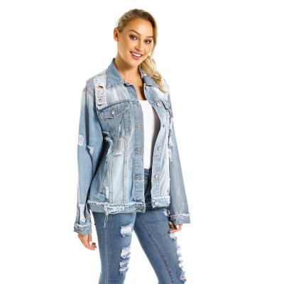 China Women QUICK DRY QUICK DRY Jean Jackets Fashion Style Distressed Ribbed Holes Loose Striped Outwear Denim Bomber Jacket Coat for sale