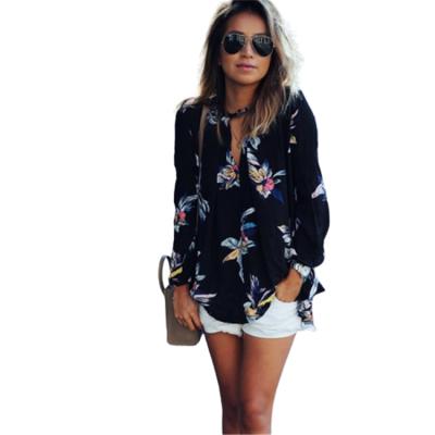 China Women's Anti-Pilling Button Up Chiffon Floral Print Long Sleeve Chic Blouse Summer Beach Vacation for sale