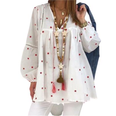 China Star Pentagon of the Lantern Anti-Pilling Women's Lantern Printing Oversized Casual Hollow Out Long Sleeve Blouse Top Shirt for sale