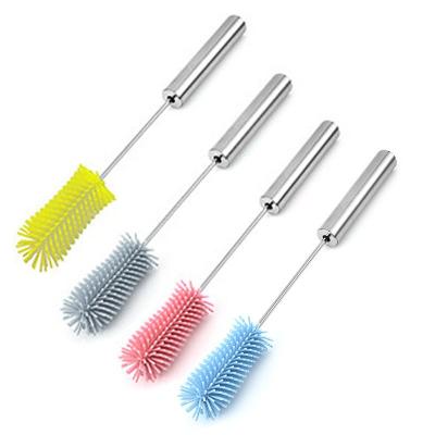 China Viable Household Stainless Steel Tube Silicone Cleaning Brush Long Handled Press Cleaning Brush For Baby Bottles for sale