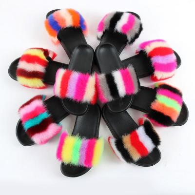 China Around 2021 Hot Selling Ladies Indoor Fur Slipper Rainbow Color Women Warm Flat Soft Fur Slides Indoor Casual Slippers For Women for sale