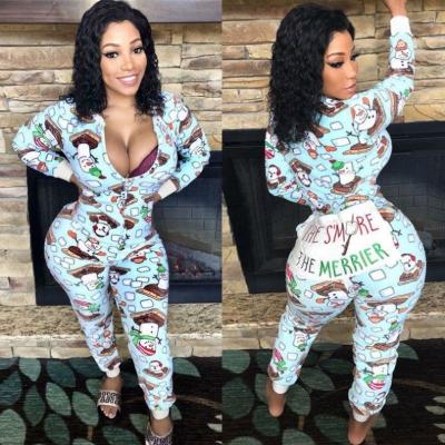 China Sexy Christmas Bodycon Homecoming Pattern Long Sleeve Nightgowns Jumpsuit Cute Print QUICK DRY Cute One Piece Pajamas For Women for sale