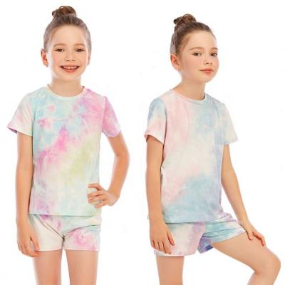 China QUICK DRY factory cotton tie dye cheap two piece children sleepwear boy and girls home clothes suits short sleeve kids pajamas set for sale