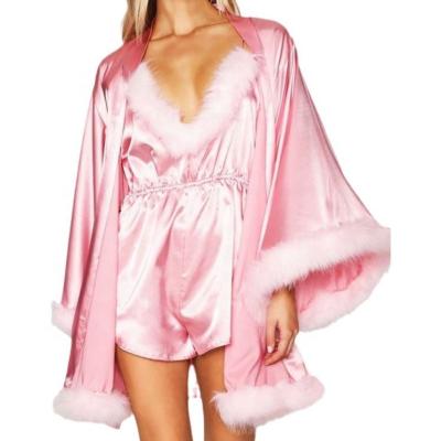 China QUICK DRY sexy satin feather nightgown simple bridal robe robe with fur sleeves wedding robe women long fluffy chiffon lingerie for sale