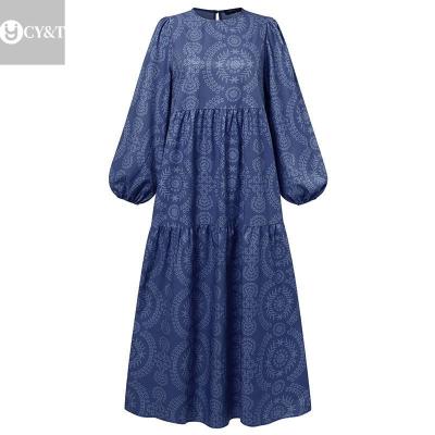 China Dubai Anti-Static Pure Cotton And Muslim Hemp Print Quilting Loose Round Neck Long Sleeve Dress for sale