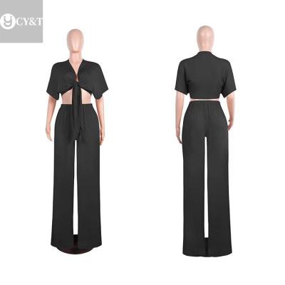 China Wholesale Custom QUICK DRY Deep V Logo Wide-Leg Pants Women's Two Piece Overalls Sweetheart Neckline Black Bandage Overalls for sale