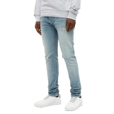 China QUICK DRY men jeans straight leg light blue washed ripped skinny slim fit distressed stacked jeans for sale