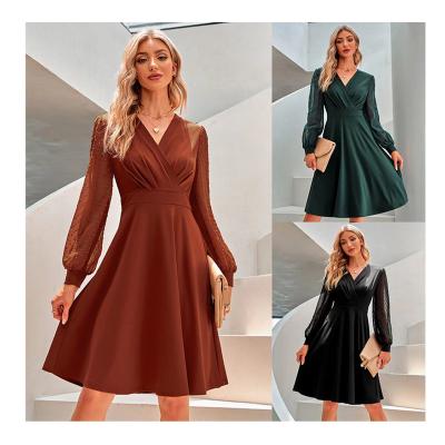 China New Designs Conyson Dry Cleaning Autumn Winter Style V-Neck Long Sleeve Polyester Solid Color European Jacquard Women's Elegant Bodycon Dress for sale