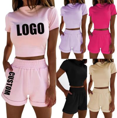 China Custom rts factory price anti-pilling logo women designer suit clothes summer fashion 2 pieces top-waisted shorts T-shirt adult clothing set for sale