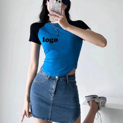 China Anti-pilling Conyson Sale Print Plain Summer Cotton Fit T-shirt Curved Edge Splicing By Hot Custom Made Thin Short Sleeve Hits Two Color T-shirt Women for sale