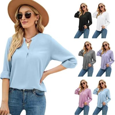 China OEM New Arrivals Lady Fashion Spring Summer Conyson Anti-Pilling Oversized Ladies Long Sleeve Custom Solid V-neck Women's Tops Blouses Clothes for sale