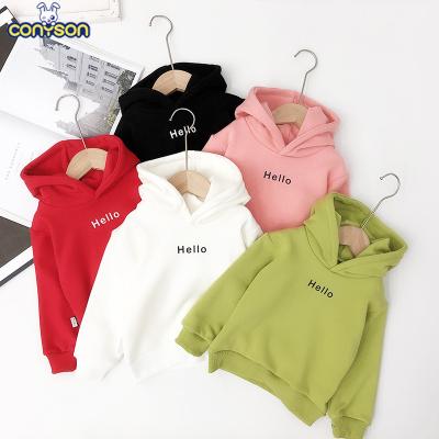 China Anti-pilling Conyson Baby Kids Boys Girls Clothes Letter Hello Letter Hoodie Solid Hooded Simple Kids Pullover Tops Custom Casual Kids Hoodies for sale