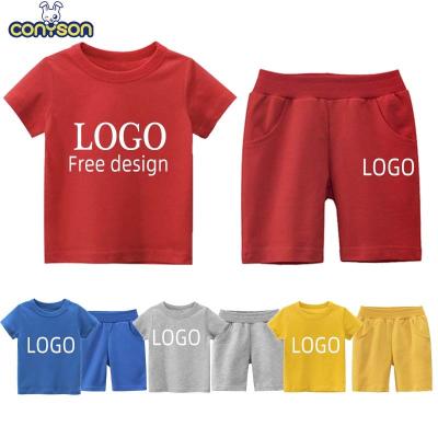 China Conyson Summer Boys Casual 100% Cotton Plain Solid Color Shorts Sets Logo Printing Custom Shorts And Shirt Set Kids Clothing for sale