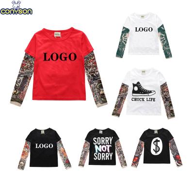 China Viable Loose Custom Conyson Logo Unisex Children Spring Boy T-Shirts Invest Hip Pop Style Tattoo Arm Boy Long Sleeve Splice Shits for sale