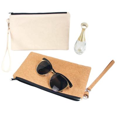 China Eco-Friendly Portable Travel Toiletry Vintage Small Make Up Case Custom Logo Organic Canvas Cork Cosmetic Pouch Makeup Bag With Wristband for sale