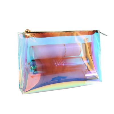 China Fashion Custom Laser Color Clear Transparent Zipper Makeup Pouch Holographic TPU Toiletry Cosmetic Bag for sale