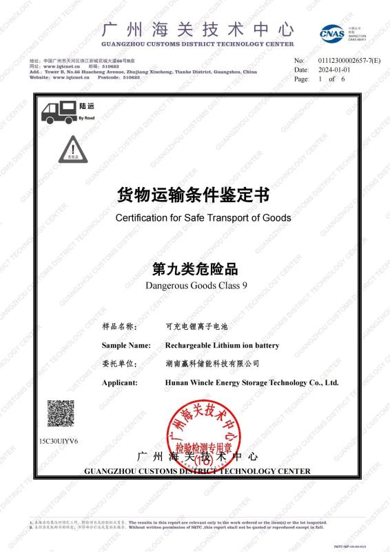 Certification for Safe Transport of Goods - Wenergy Technologies Pte.Ltd.