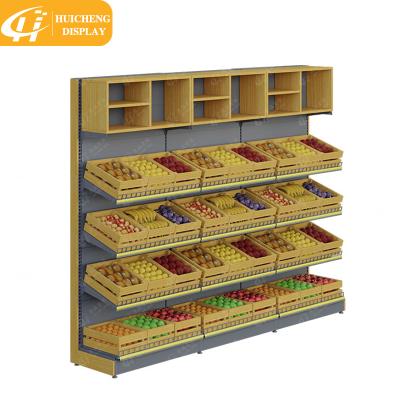 China Huicheng Impressive Double Sided Or Single Sided Vegetable And Fruit Display Supermarket Stand Wooden Heavy Duty Metallic Design Elegant Racks For Retail Store for sale