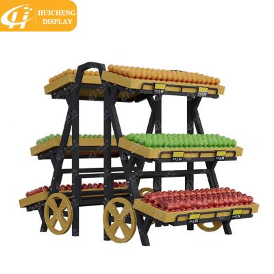 China Huicheng supermarket double sided or single sided luxury solid wood display rack for fresh vegetables and fruits for sale