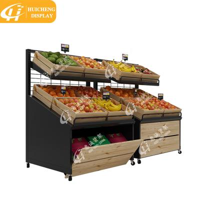 China Single or Double Sided Steel Wooden Fruit Vegetable Racks For Supermarket Fruits And Vegetables Display Shelves for sale