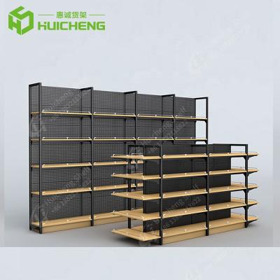 China Modern Single or Double Sided Display Racks Supermarket Shelf Dimensions Perforated Wooden Supermarket Display Rack Supermarket Shelves for sale