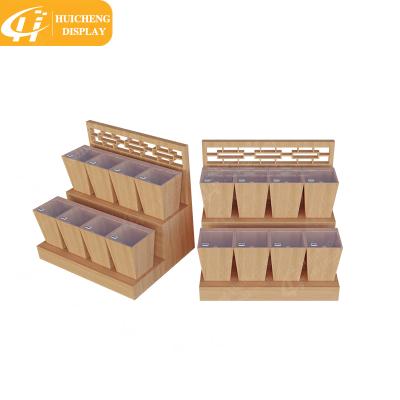 China Single Sided Supermarket Rice Barrel Rice Display Stand Wooden Bulk Grain Shelving for sale