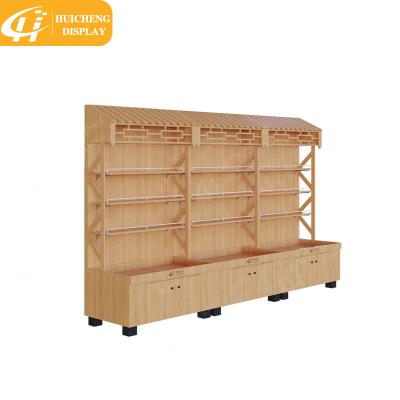 China Single Sided Design Supermarket Store Shop Factory Price Display Rack Wood Wall Mounted Gondola Shelving With Metal Stopper for sale